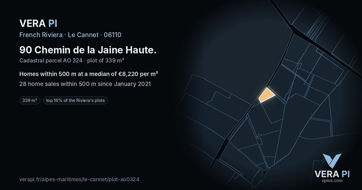 90 Chemin de la Jaine Haute, Le Cannet at night – the plot lit, the parcels around coloured by the prices near them