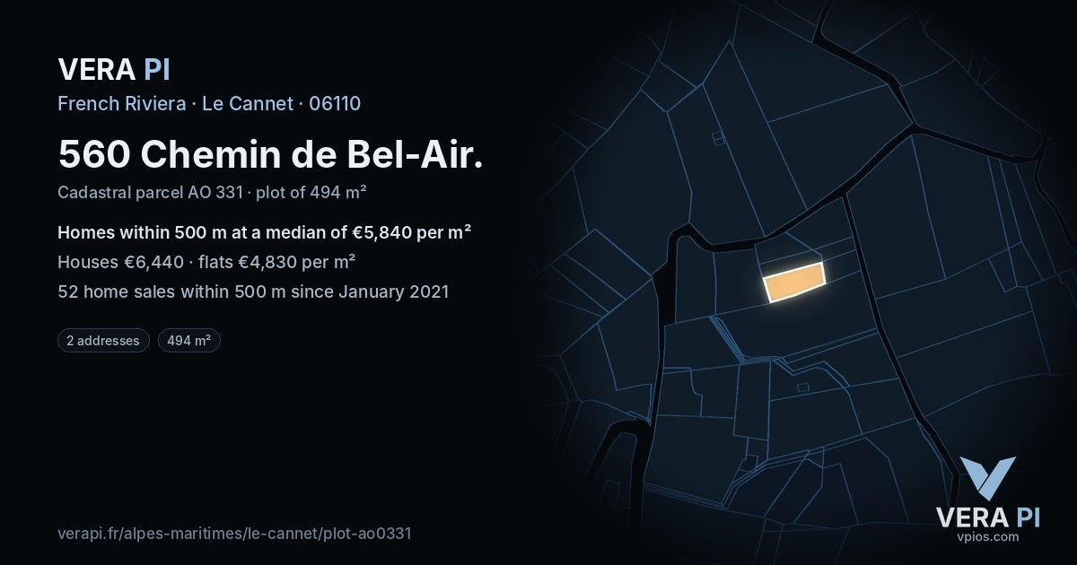 560 Chemin de Bel-Air, Le Cannet at night – the plot lit, the parcels around coloured by the prices near them