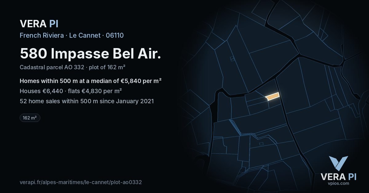 580 Impasse Bel Air, Le Cannet at night – the plot lit, the parcels around coloured by the prices near them