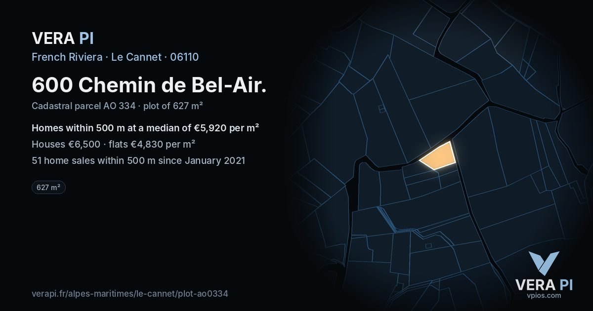 600 Chemin de Bel-Air, Le Cannet at night – the plot lit, the parcels around coloured by the prices near them