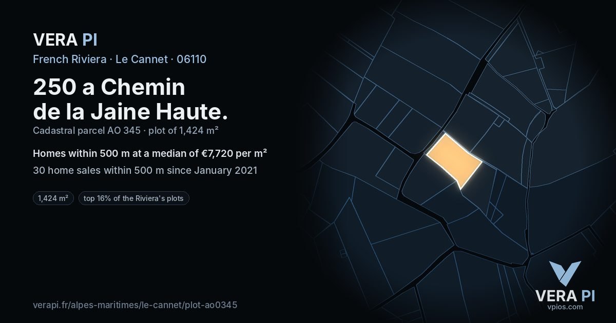 250 a Chemin de la Jaine Haute, Le Cannet at night – the plot lit, the parcels around coloured by the prices near them