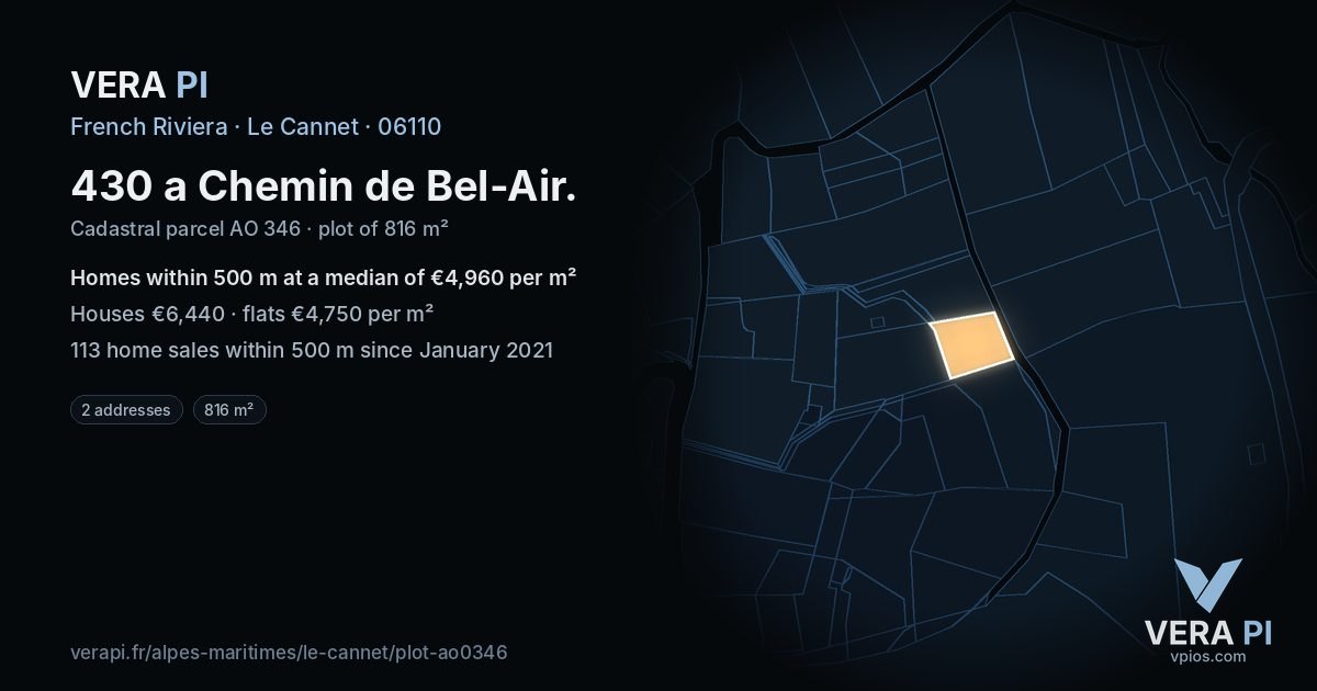 430 a Chemin de Bel-Air, Le Cannet at night – the plot lit, the parcels around coloured by the prices near them