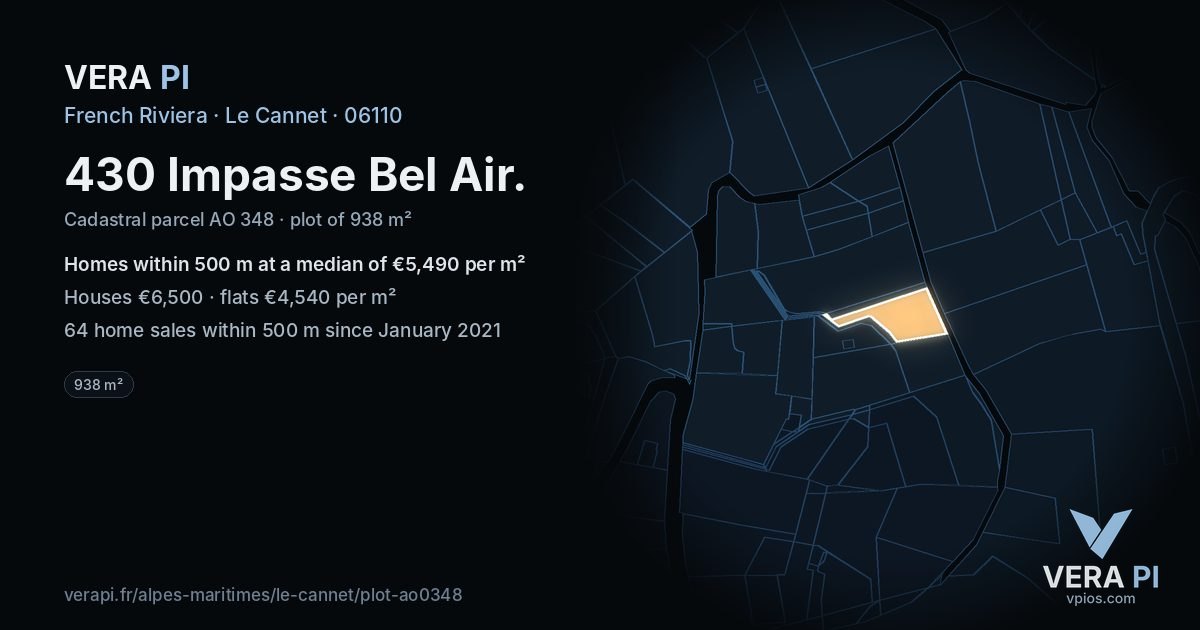 430 Impasse Bel Air, Le Cannet at night – the plot lit, the parcels around coloured by the prices near them