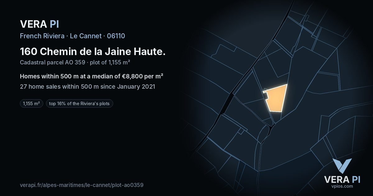 160 Chemin de la Jaine Haute, Le Cannet at night – the plot lit, the parcels around coloured by the prices near them