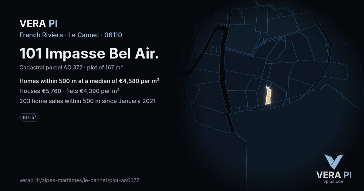 101 Impasse Bel Air, Le Cannet at night – the plot lit, the parcels around coloured by the prices near them