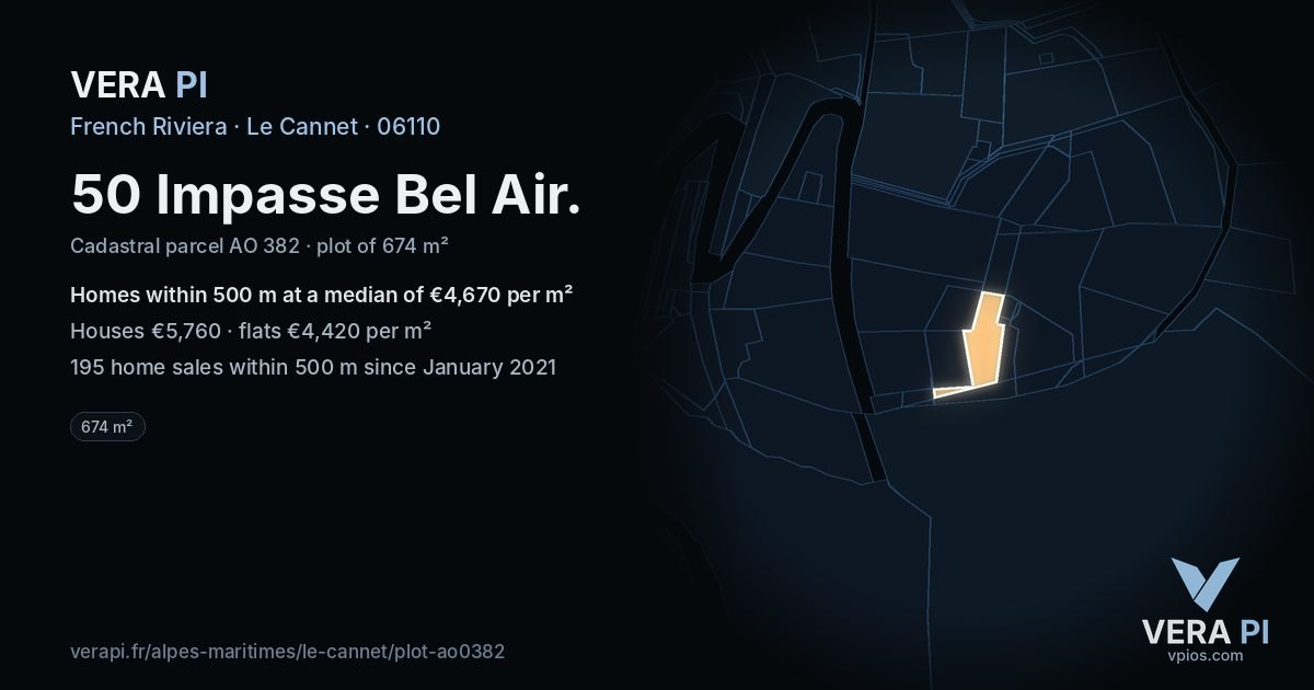 50 Impasse Bel Air, Le Cannet at night – the plot lit, the parcels around coloured by the prices near them