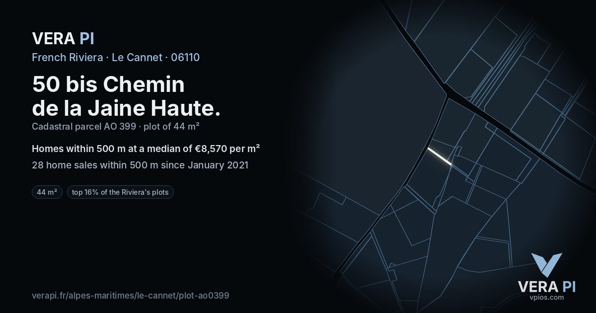 50 bis Chemin de la Jaine Haute, Le Cannet at night – the plot lit, the parcels around coloured by the prices near them