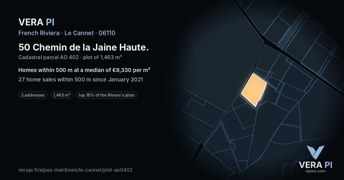 50 Chemin de la Jaine Haute, Le Cannet at night – the plot lit, the parcels around coloured by the prices near them
