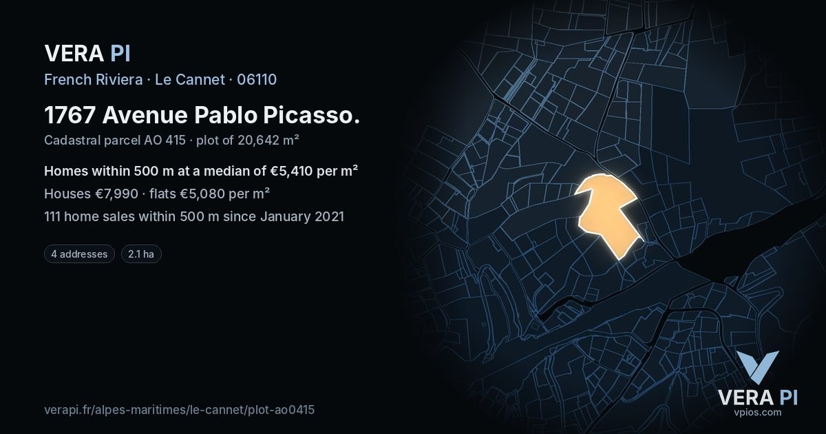 1767 Avenue Pablo Picasso, Le Cannet at night – the plot lit, the parcels around coloured by the prices near them