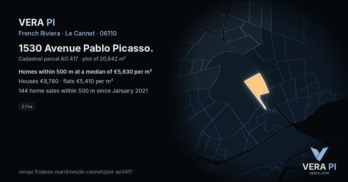 1530 Avenue Pablo Picasso, Le Cannet at night – the plot lit, the parcels around coloured by the prices near them