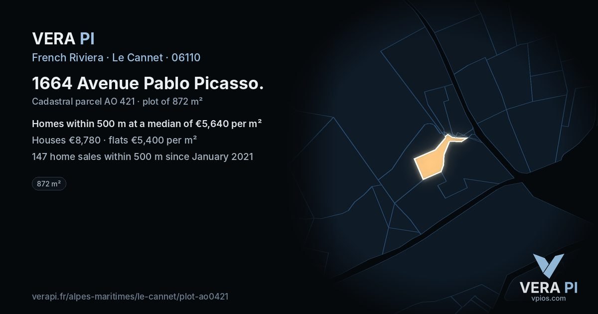 1664 Avenue Pablo Picasso, Le Cannet at night – the plot lit, the parcels around coloured by the prices near them