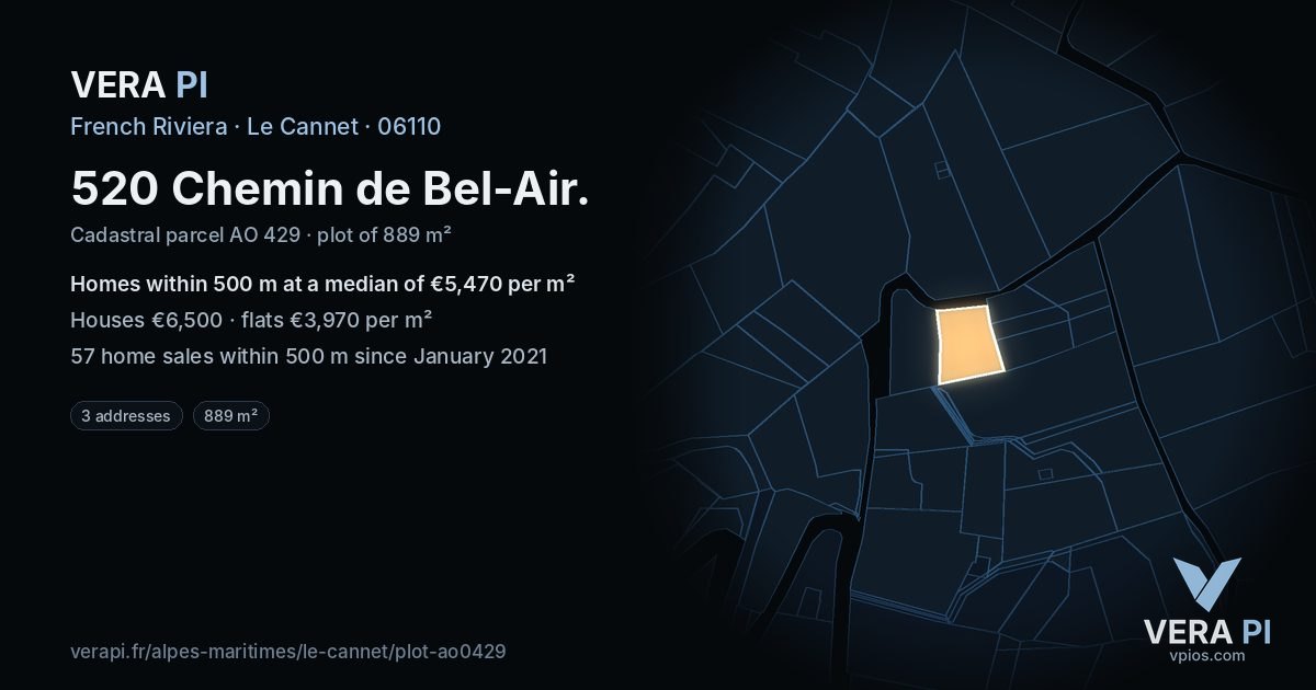 520 Chemin de Bel-Air, Le Cannet at night – the plot lit, the parcels around coloured by the prices near them