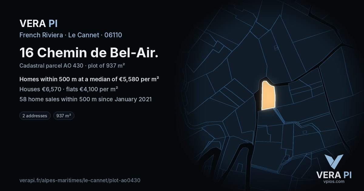 16 Chemin de Bel-Air, Le Cannet at night – the plot lit, the parcels around coloured by the prices near them