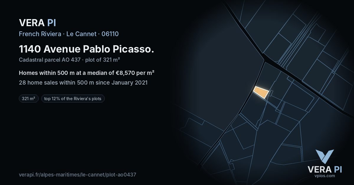 1140 Avenue Pablo Picasso, Le Cannet at night – the plot lit, the parcels around coloured by the prices near them