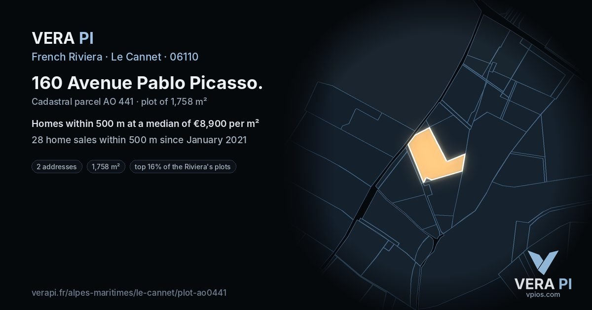 160 Avenue Pablo Picasso, Le Cannet at night – the plot lit, the parcels around coloured by the prices near them
