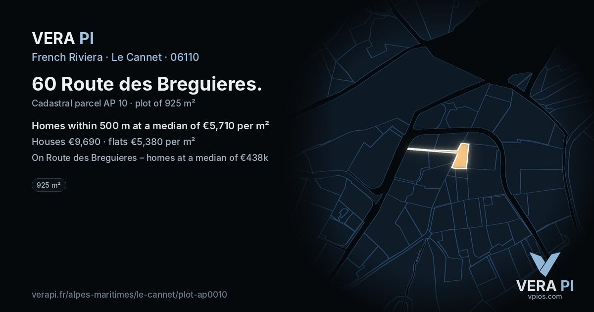 60 Route des Breguieres, Le Cannet at night – the plot lit, the parcels around coloured by the prices near them