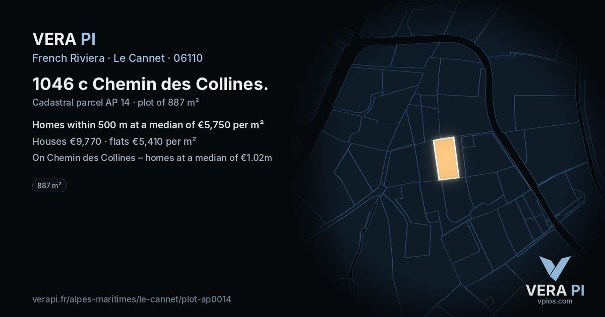 1046 c Chemin des Collines, Le Cannet at night – the plot lit, the parcels around coloured by the prices near them