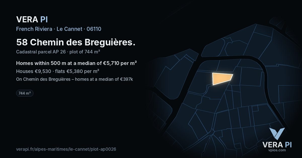 58 Chemin des Breguières, Le Cannet at night – the plot lit, the parcels around coloured by the prices near them