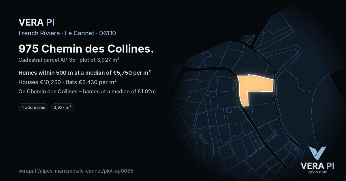 975 Chemin des Collines, Le Cannet at night – the plot lit, the parcels around coloured by the prices near them