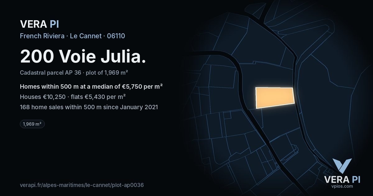 200 Voie Julia, Le Cannet at night – the plot lit, the parcels around coloured by the prices near them