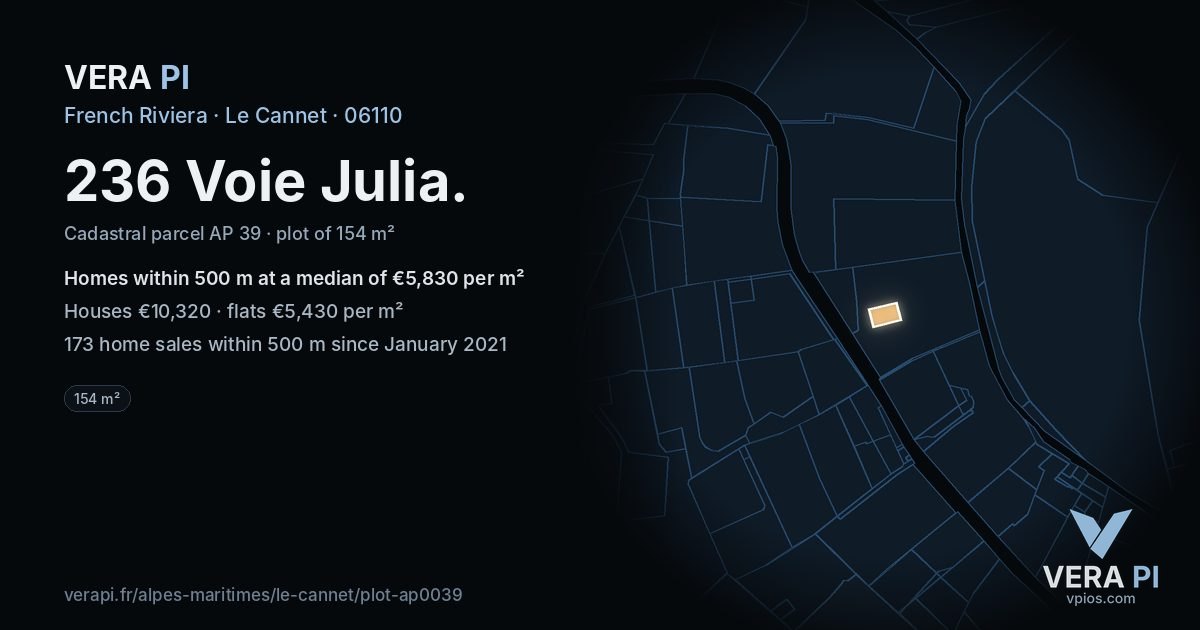 236 Voie Julia, Le Cannet at night – the plot lit, the parcels around coloured by the prices near them