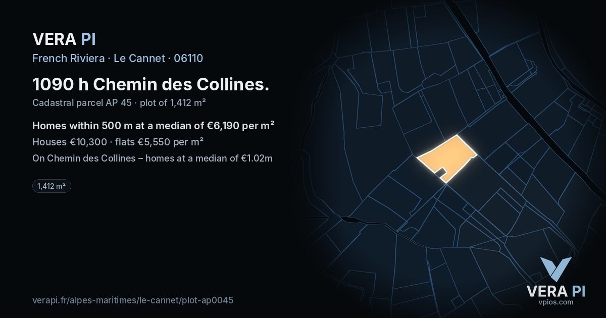 1090 h Chemin des Collines, Le Cannet at night – the plot lit, the parcels around coloured by the prices near them