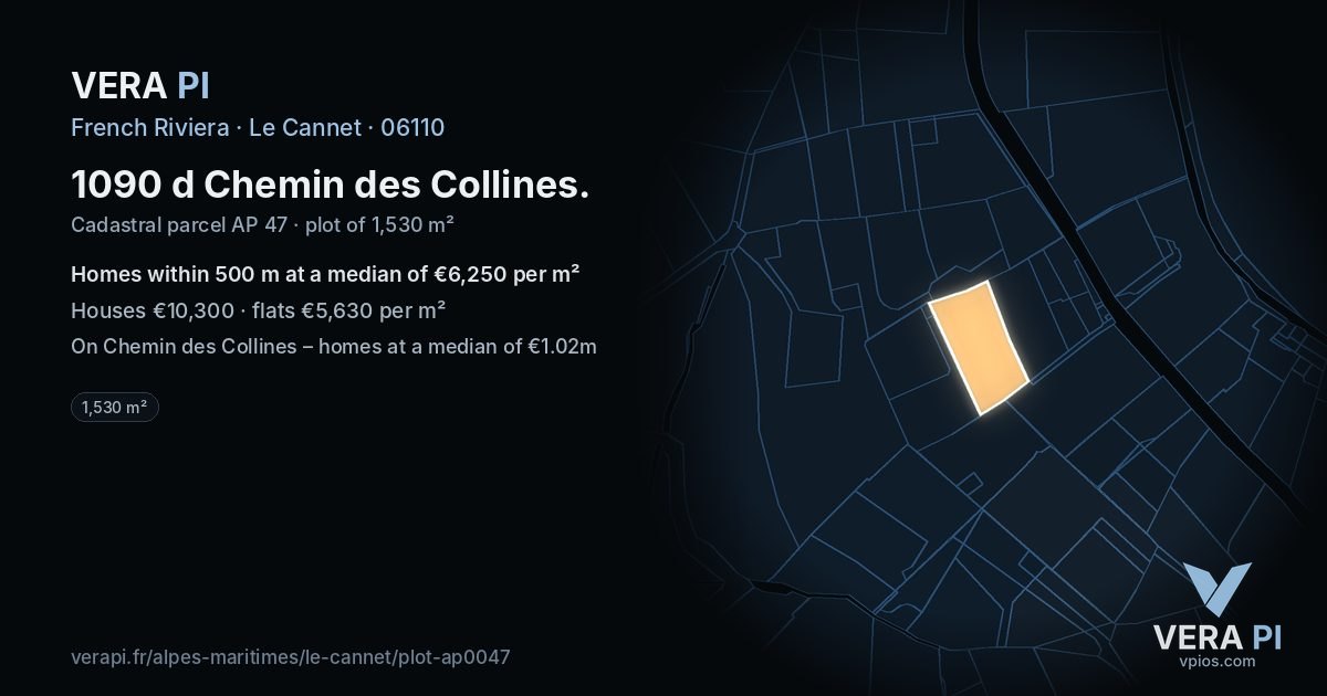1090 d Chemin des Collines, Le Cannet at night – the plot lit, the parcels around coloured by the prices near them