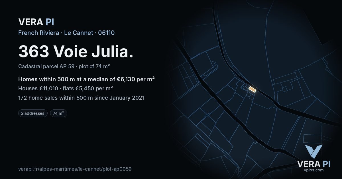 363 Voie Julia, Le Cannet at night – the plot lit, the parcels around coloured by the prices near them
