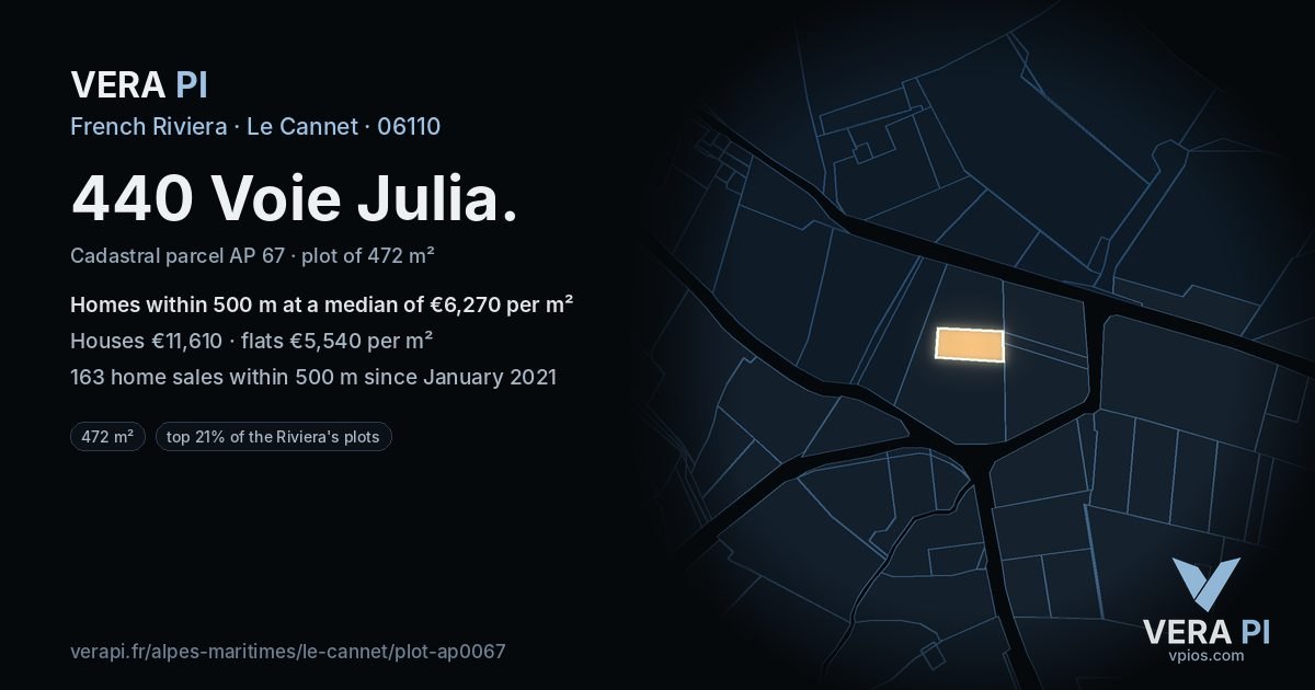 440 Voie Julia, Le Cannet at night – the plot lit, the parcels around coloured by the prices near them