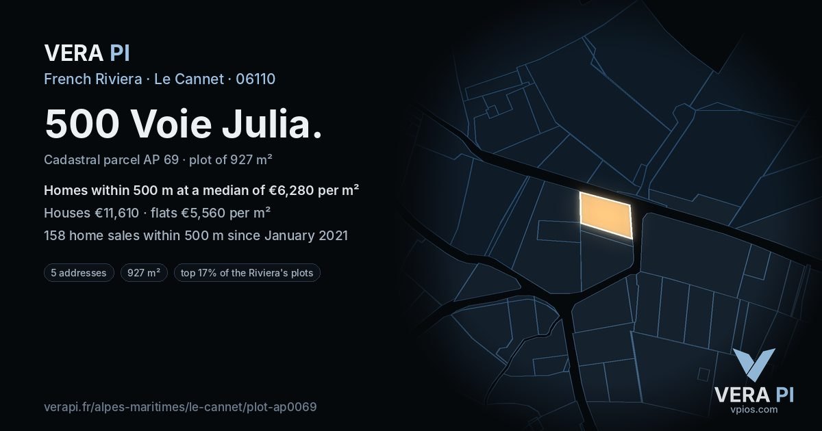 500 Voie Julia, Le Cannet at night – the plot lit, the parcels around coloured by the prices near them