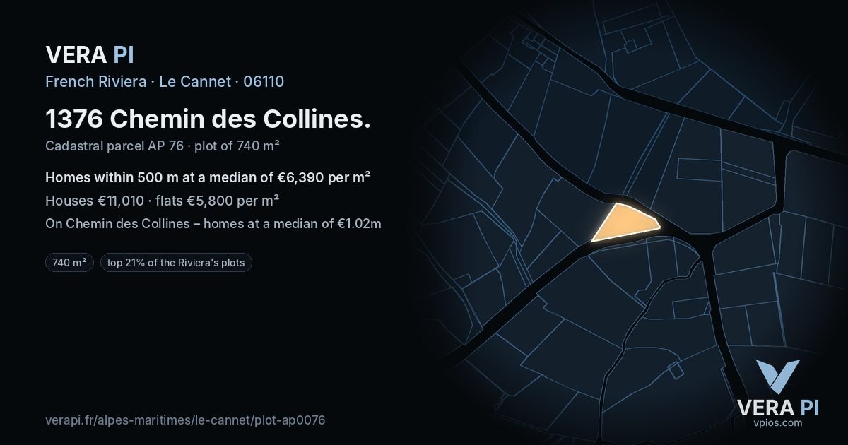 1376 Chemin des Collines, Le Cannet at night – the plot lit, the parcels around coloured by the prices near them