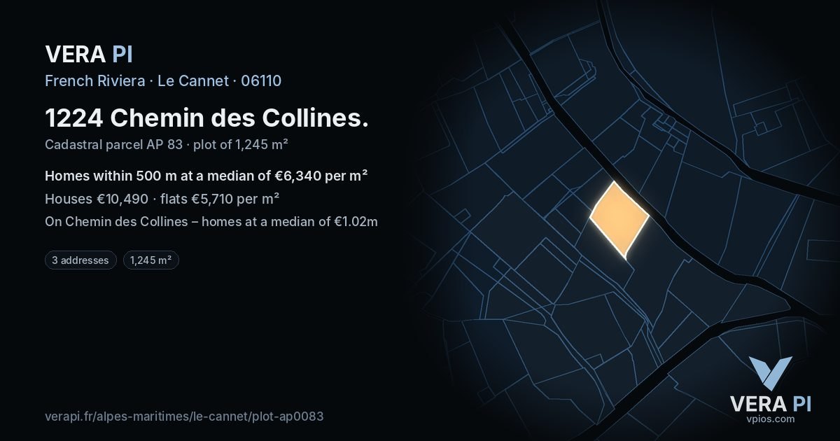 1224 Chemin des Collines, Le Cannet at night – the plot lit, the parcels around coloured by the prices near them