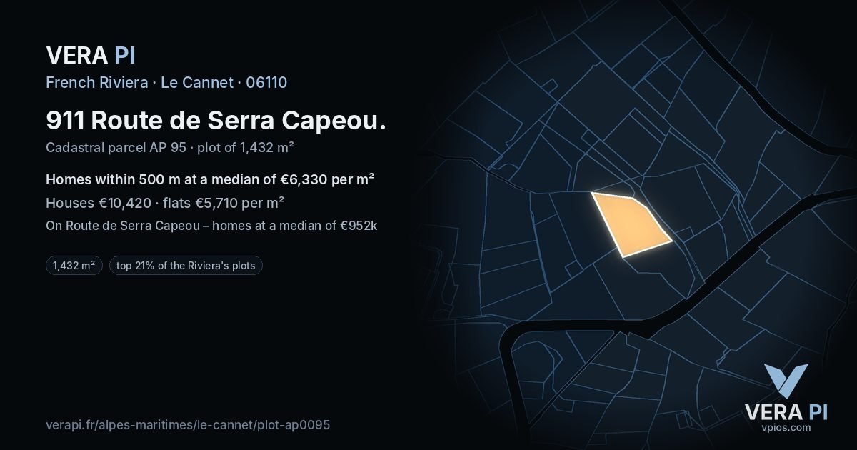 911 Route de Serra Capeou, Le Cannet at night – the plot lit, the parcels around coloured by the prices near them