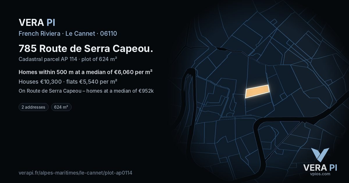 785 Route de Serra Capeou, Le Cannet at night – the plot lit, the parcels around coloured by the prices near them