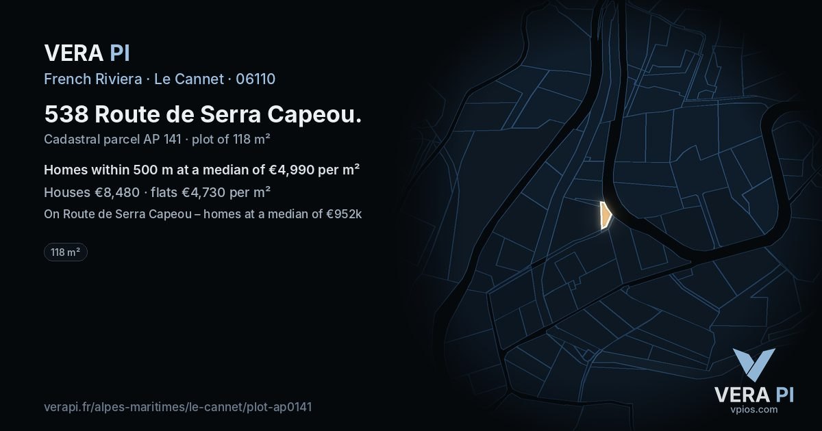 538 Route de Serra Capeou, Le Cannet at night – the plot lit, the parcels around coloured by the prices near them