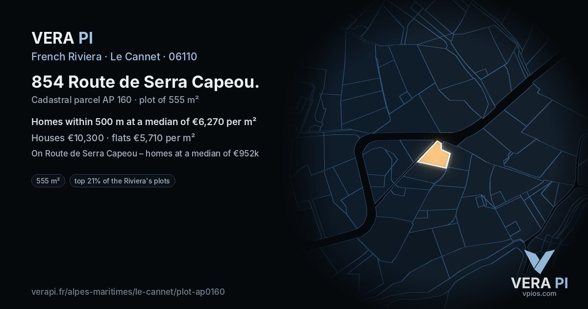 854 Route de Serra Capeou, Le Cannet at night – the plot lit, the parcels around coloured by the prices near them