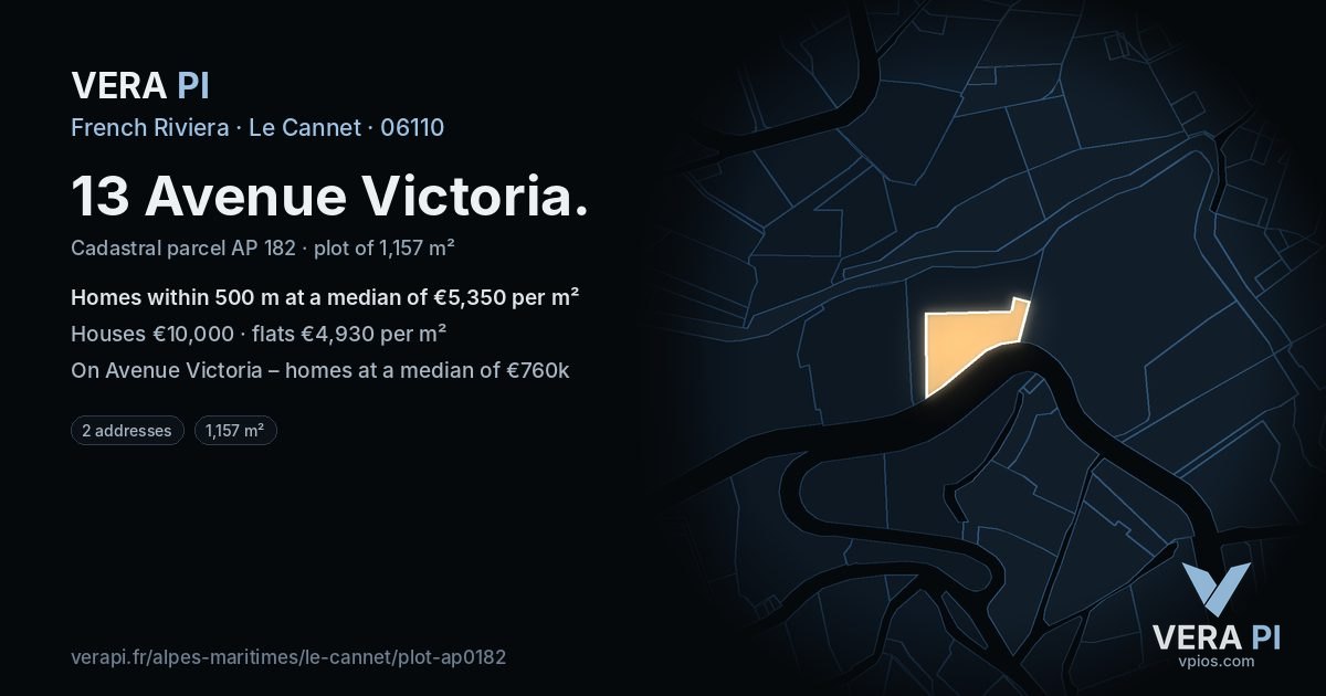 13 Avenue Victoria, Le Cannet at night – the plot lit, the parcels around coloured by the prices near them