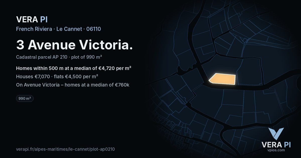 3 Avenue Victoria, Le Cannet at night – the plot lit, the parcels around coloured by the prices near them