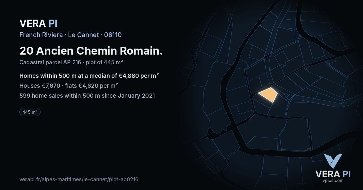 20 Ancien Chemin Romain, Le Cannet at night – the plot lit, the parcels around coloured by the prices near them
