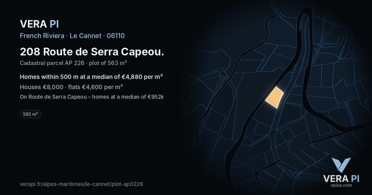 208 Route de Serra Capeou, Le Cannet at night – the plot lit, the parcels around coloured by the prices near them