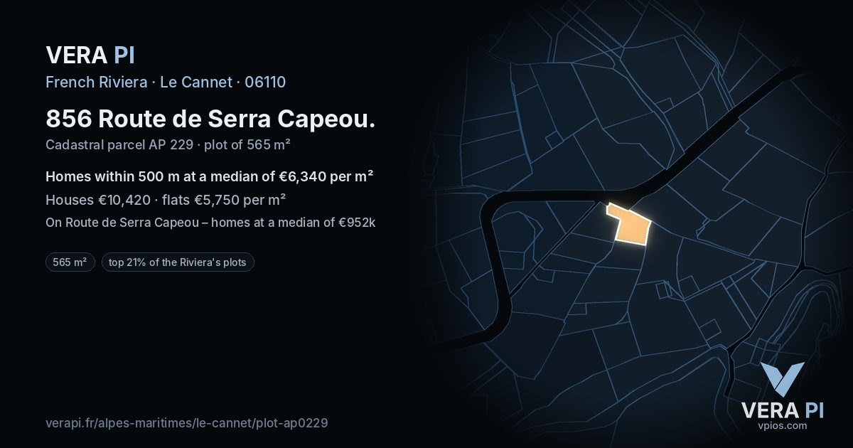 856 Route de Serra Capeou, Le Cannet at night – the plot lit, the parcels around coloured by the prices near them