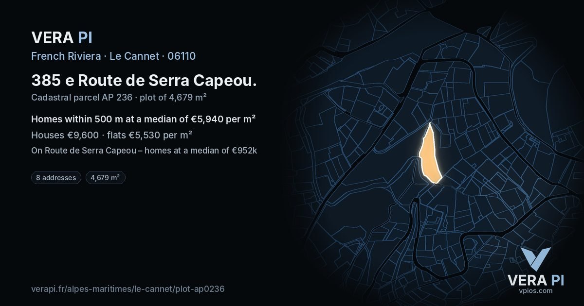385 e Route de Serra Capeou, Le Cannet at night – the plot lit, the parcels around coloured by the prices near them