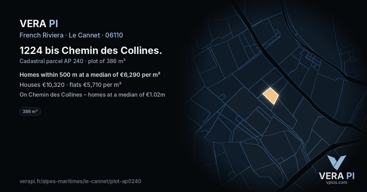 1224 bis Chemin des Collines, Le Cannet at night – the plot lit, the parcels around coloured by the prices near them