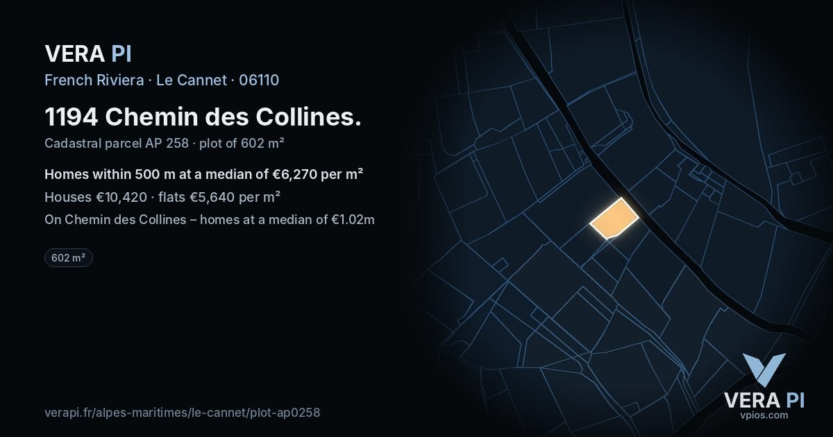 1194 Chemin des Collines, Le Cannet at night – the plot lit, the parcels around coloured by the prices near them