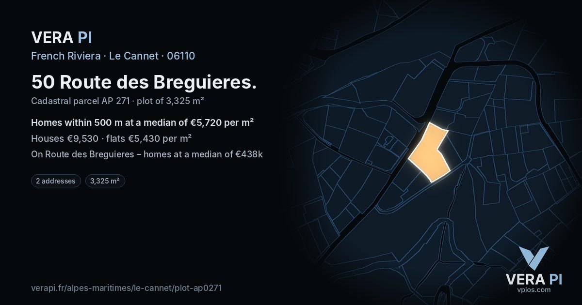50 Route des Breguieres, Le Cannet at night – the plot lit, the parcels around coloured by the prices near them