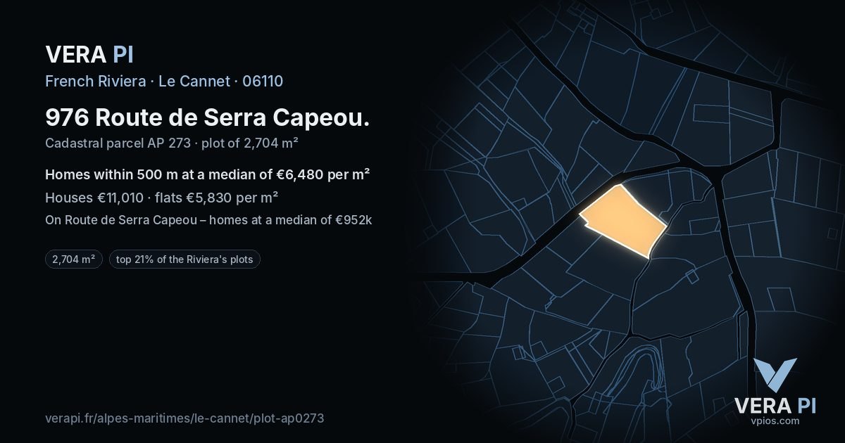 976 Route de Serra Capeou, Le Cannet at night – the plot lit, the parcels around coloured by the prices near them