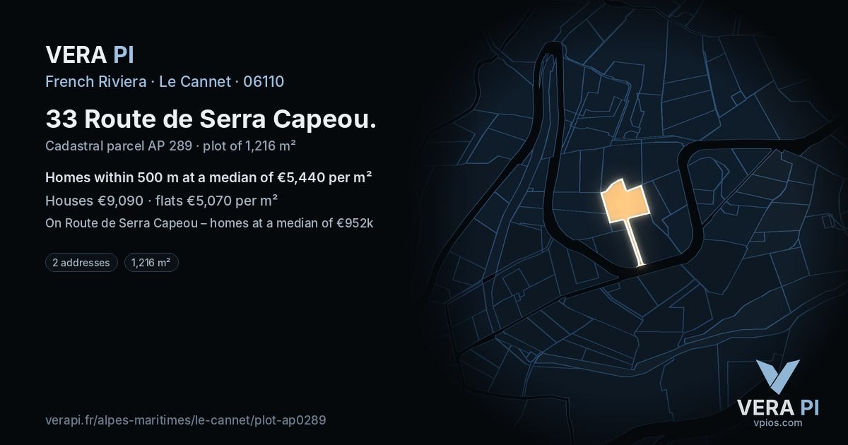 33 Route de Serra Capeou, Le Cannet at night – the plot lit, the parcels around coloured by the prices near them