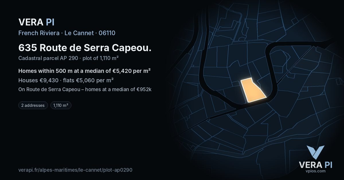 635 Route de Serra Capeou, Le Cannet at night – the plot lit, the parcels around coloured by the prices near them