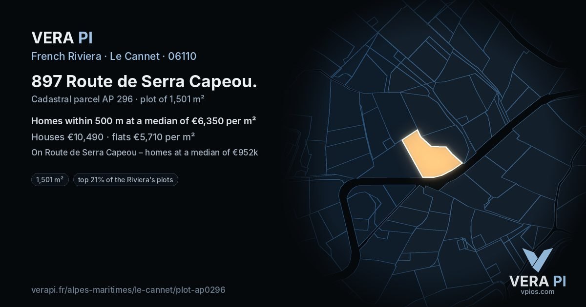 897 Route de Serra Capeou, Le Cannet at night – the plot lit, the parcels around coloured by the prices near them