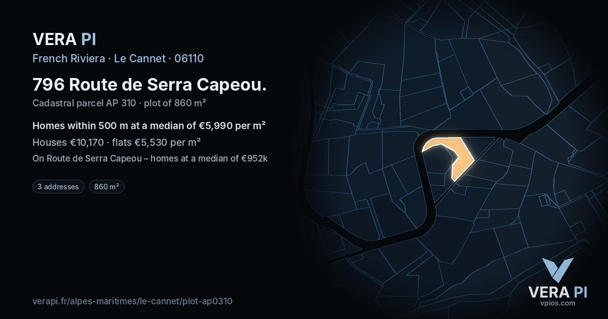 796 Route de Serra Capeou, Le Cannet at night – the plot lit, the parcels around coloured by the prices near them
